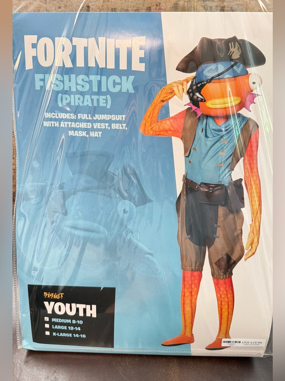 FORNITE Fishstick Pirate Kids Costume — Blue & Orange Kids Medium 8-10